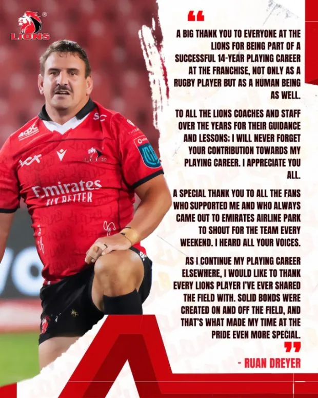 Farewell message by Lions and Springbok prop Ruan Dreyer